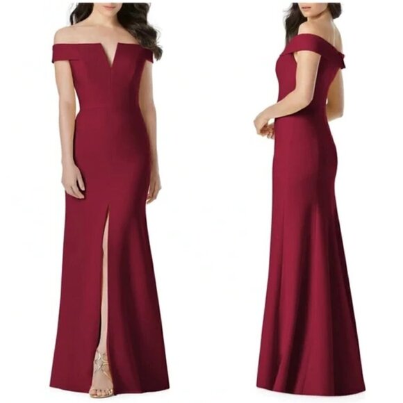 DESSY COLLECTION Notched Off the Shoulder Crepe Gown in Burgundy Size US 6R